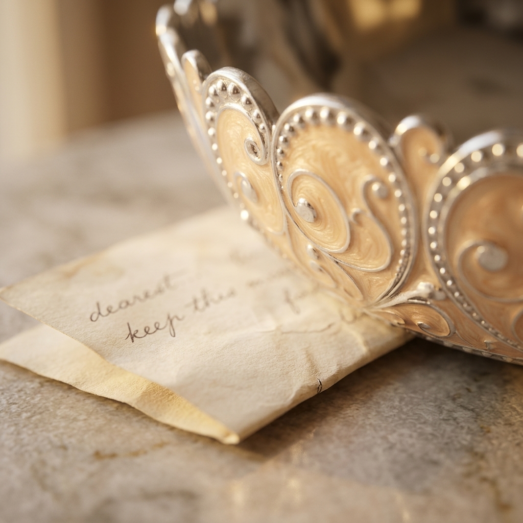 Intimate detail of silver bowl edge with a handwritten note