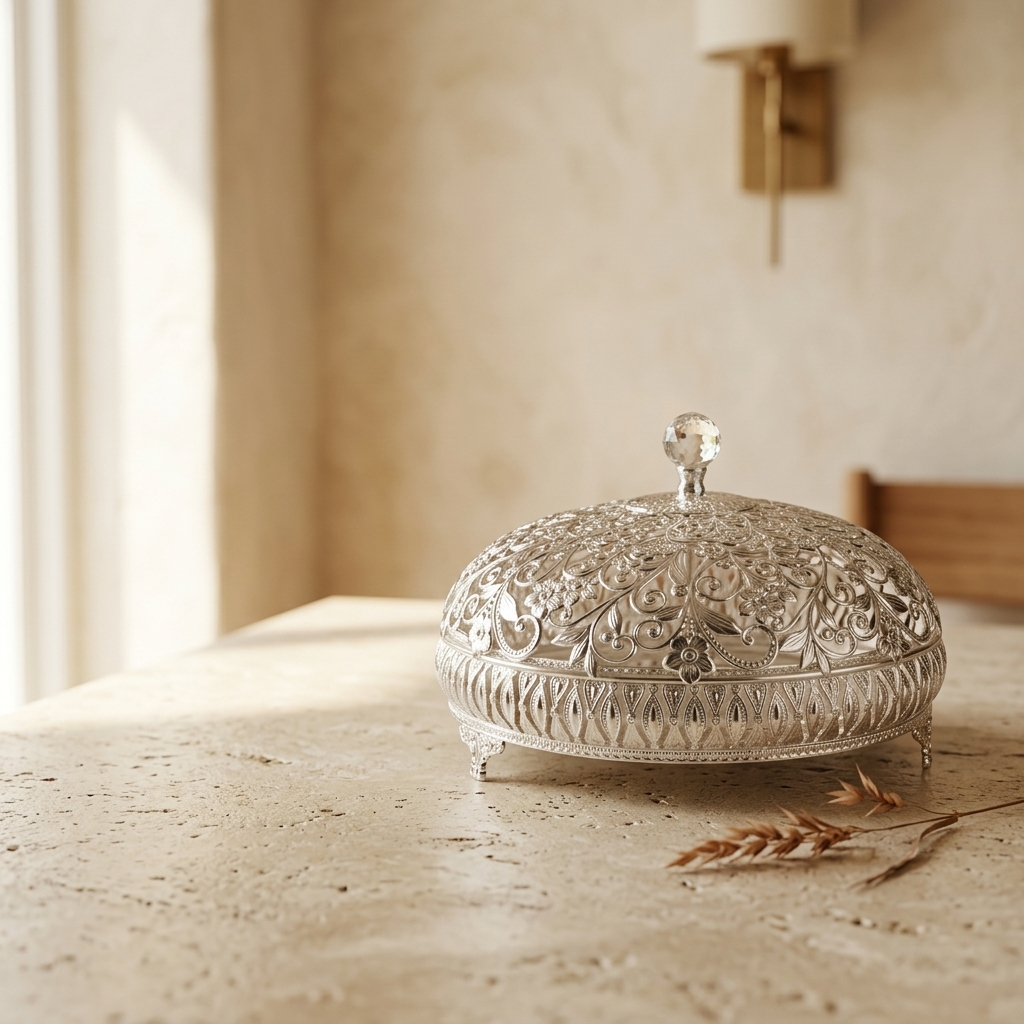 Silver filigree bowl on warm limestone in a luxury interior
