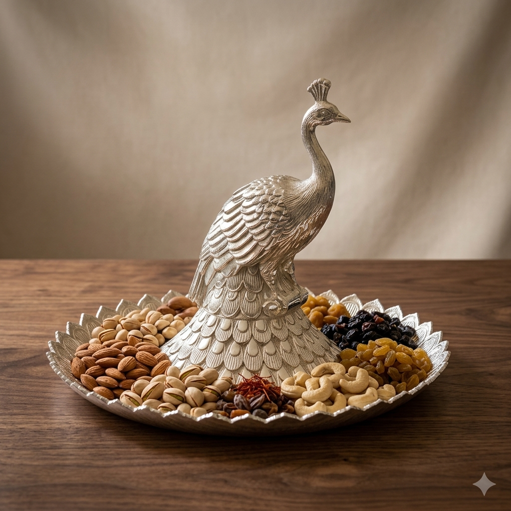 Silver peacock tray with dry fruits on walnut surface