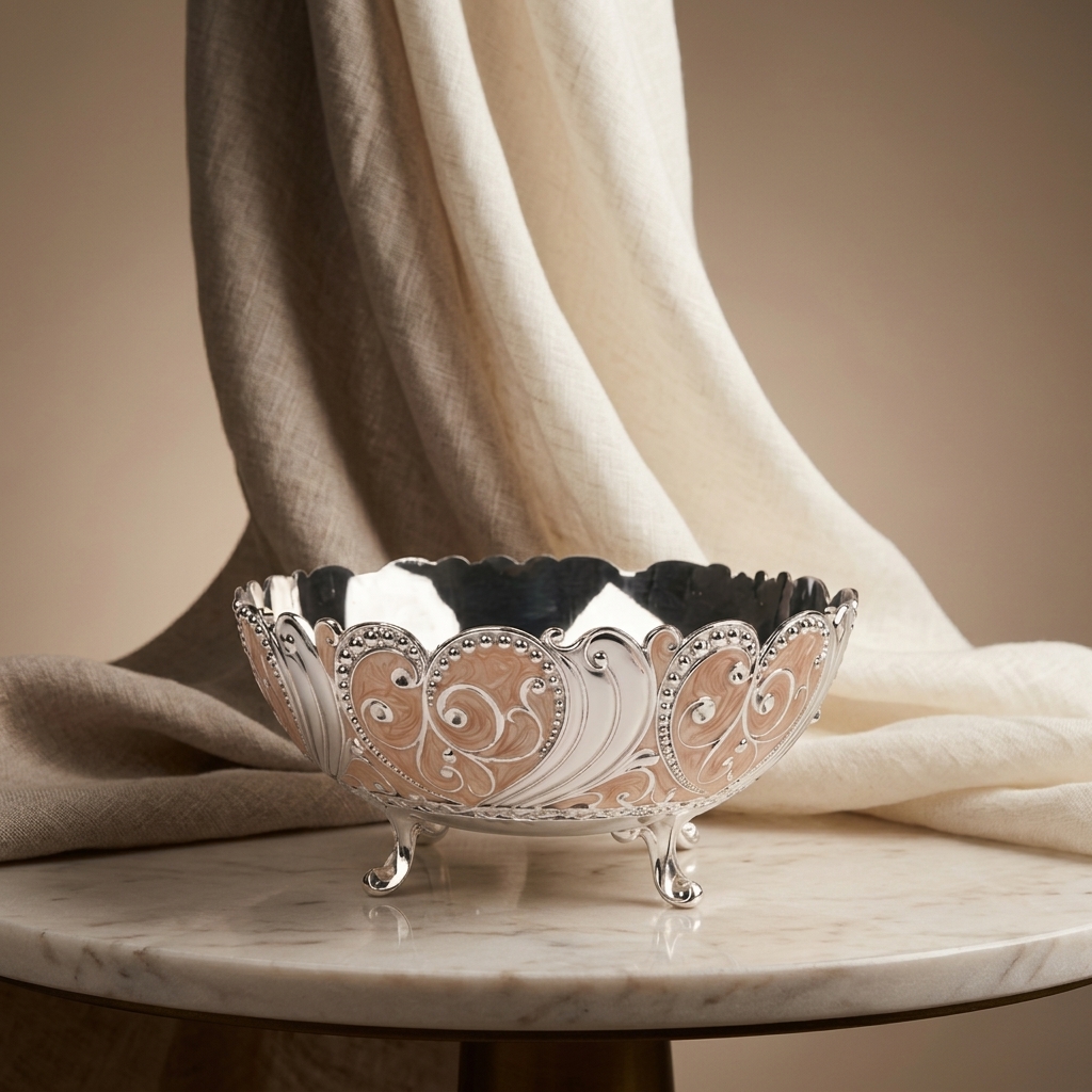 Enamel bowl with linen drape on marble