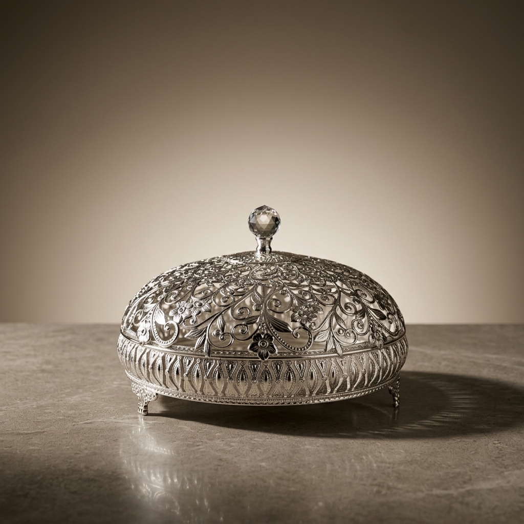 Silver filigree covered bowl on stone
