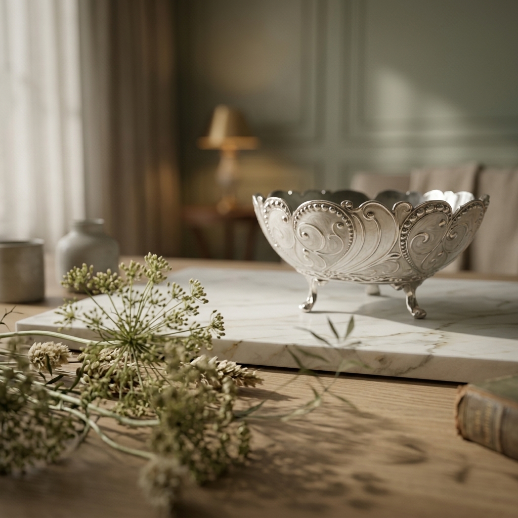 Silver bowl in a warm sunlit interior